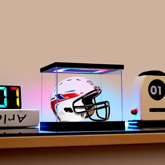 Mini Helmet Display Case with Light, Acrylic Clear 1/2 Football Baseball Helmet Showcase with Multiple Color Lights for Sports Collectibles（7.5×5.9×6.3inch）