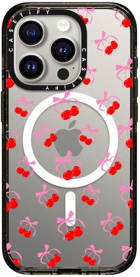 CASETiFY Impact iPhone 15 Pro Case [Slim/Compatible with Magsafe / 8.2 ft. 4X Military Grade Drop Protection] - Cherries Jubilee - Clear Black