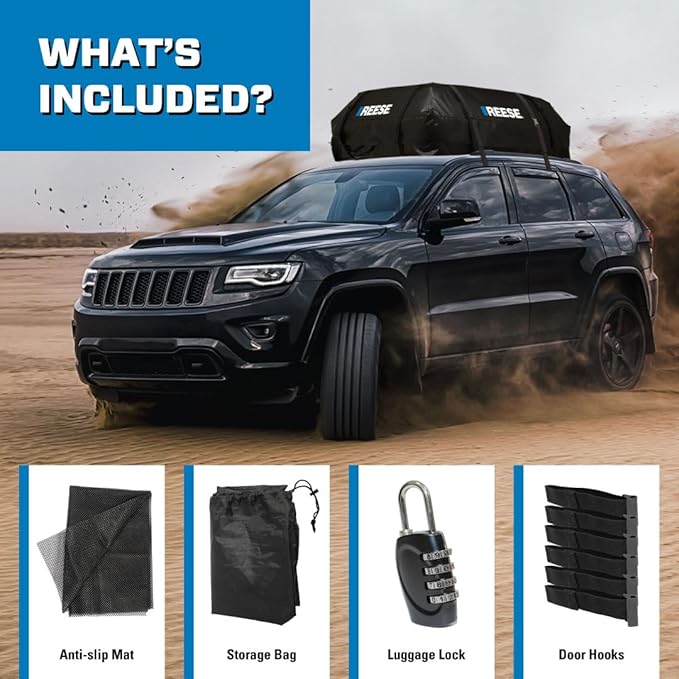 Reese 59006 Waterproof Rooftop Cargo Carrier Bag for Cars, SUVs or Trucks with/Without Roof Racks, 15 Cubic Feet, Heavy Duty 840D Abrasion-Resistant PVC Fabric with Anti-Slip Mat