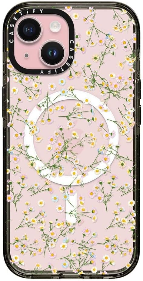 CASETiFY Impact iPhone 15 Case [Slim/Compatible with Magsafe / 8.2 ft. 4X Military Grade Drop Protection] - Pressed Flowers Dainty - Clear Black