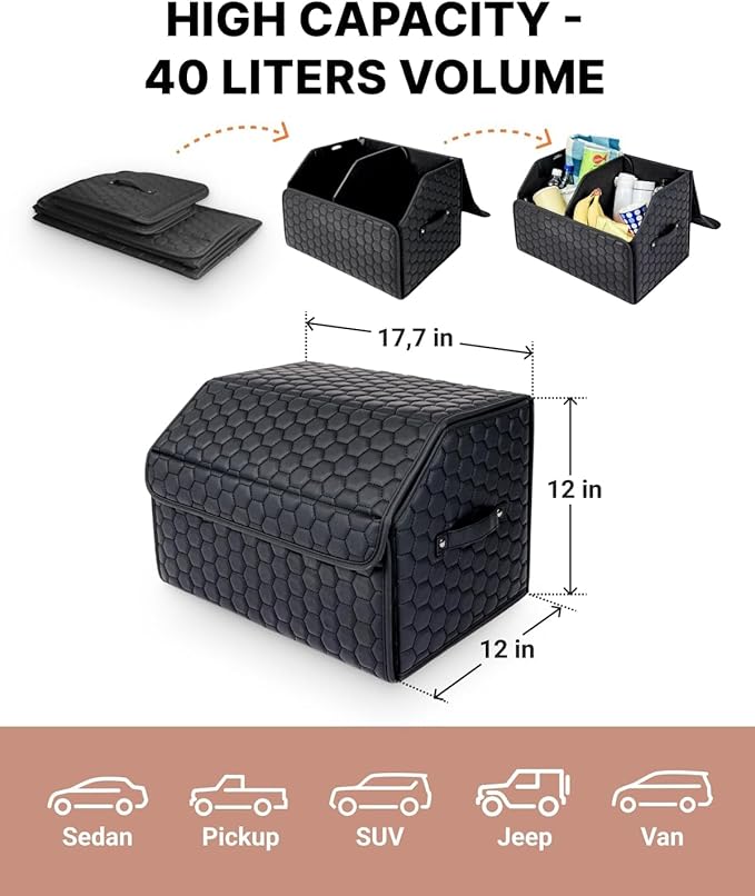 Owleys Cargo Organizer 17.7" - Compact Storage Totes with Lids for SUV, Sedan or Truck - Durable Car Crate for Travel Essentials - Black