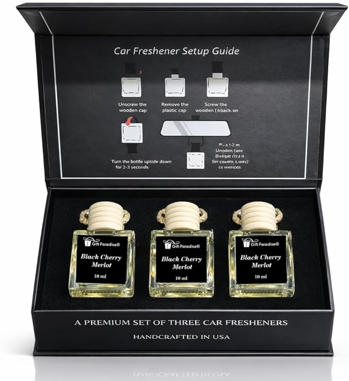 Gift Paradise® Luxury Black Cherry Merlot Car Air Freshener Set of 3 – 10 ml Hanging Glass Diffusers – Sweet Cherry & Red Wine Scent – Long-Lasting – Premium Magnetic Gift Box Included