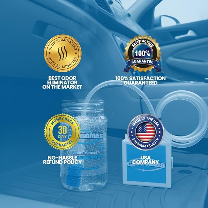 Odor Eliminator for Car Kit - Advanced Chlorine Dioxide Odor Removal Neutralizes Smoke, Pet Urine, Mildew & Skunk Odors in 1 Hour - Includes Bubbler System