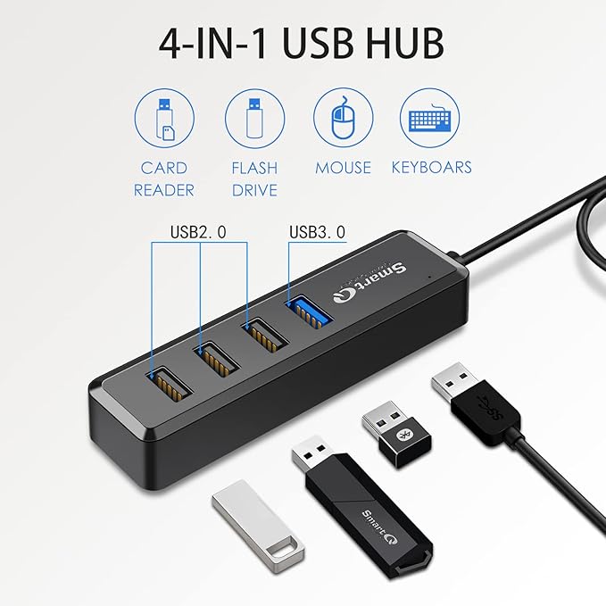 SmartQ 4-Port Hub - 1 USB 3.0 + 3 USB 2.0 Ports for MacBook, Mac Pro, Mac mini, iMac, Surface Pro, XPS, PC, Flash Drive, Mobile HDD, Laptop Extension Cable