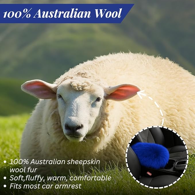 Andalus Brands Pure Australian Sheepskin Fluffy Car Center Console Cover, Luxurious Non-Shedding Furry Arm Rest Cover for Car, Versatile for All Seasons, Blue - (11.47" X 6.3")