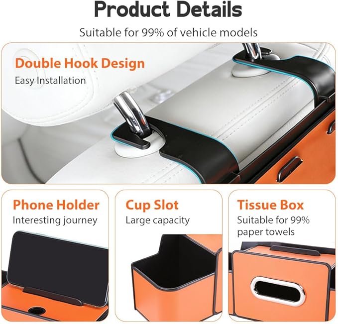 Multifunctional Car Seat Back Storage Box, 3-in-1 Backseat Car Organizer with Dual Cup Holders, Hold Phones, Snacks, Drinks, and Handbags (Orange)