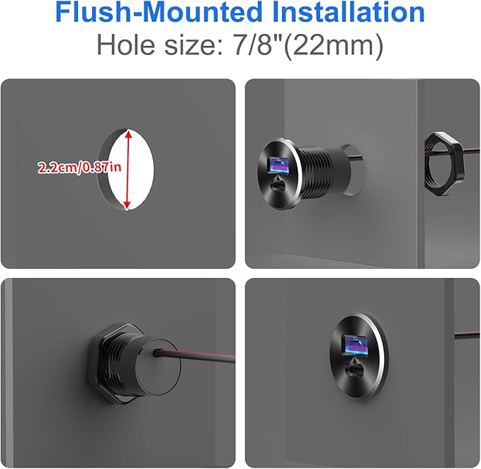 Mini 12V USB Outlet Aluminum Car Charger with PD30W and QC 18W Ports, 22mm Diameter Flush-Mounted Pre-Wired Cigarette Lighter Replacement Charger Socket for Car Boat RV Truck Motorcycle, etc.