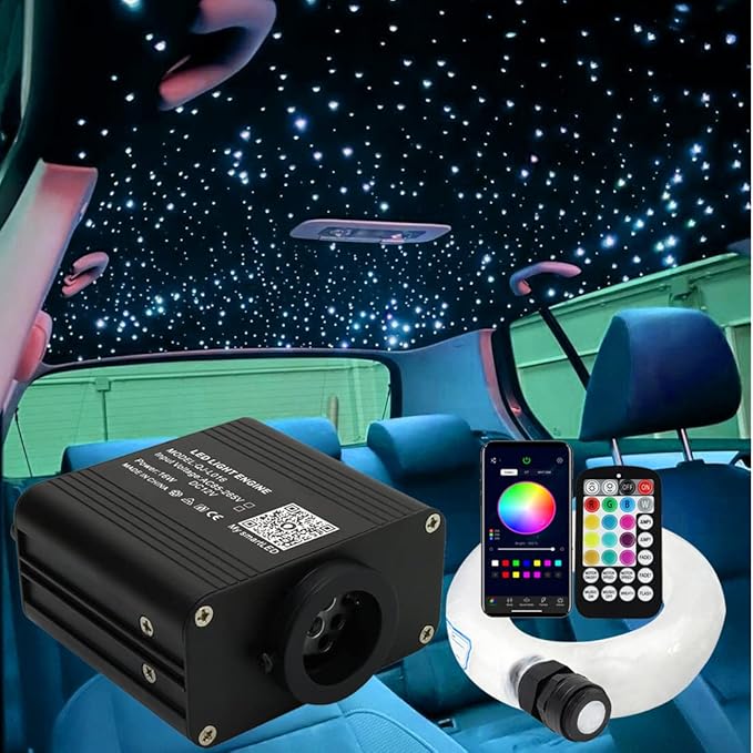 AZIMOM 16W Twinkle & Sound Activate 300pcs*0.03in*9.8ft Fiber Optic Starlight Headliner Kits for Car Home Star Ceiling Sky Decoration, APP& Remote Control Light Engine End Glow Fiber Strands