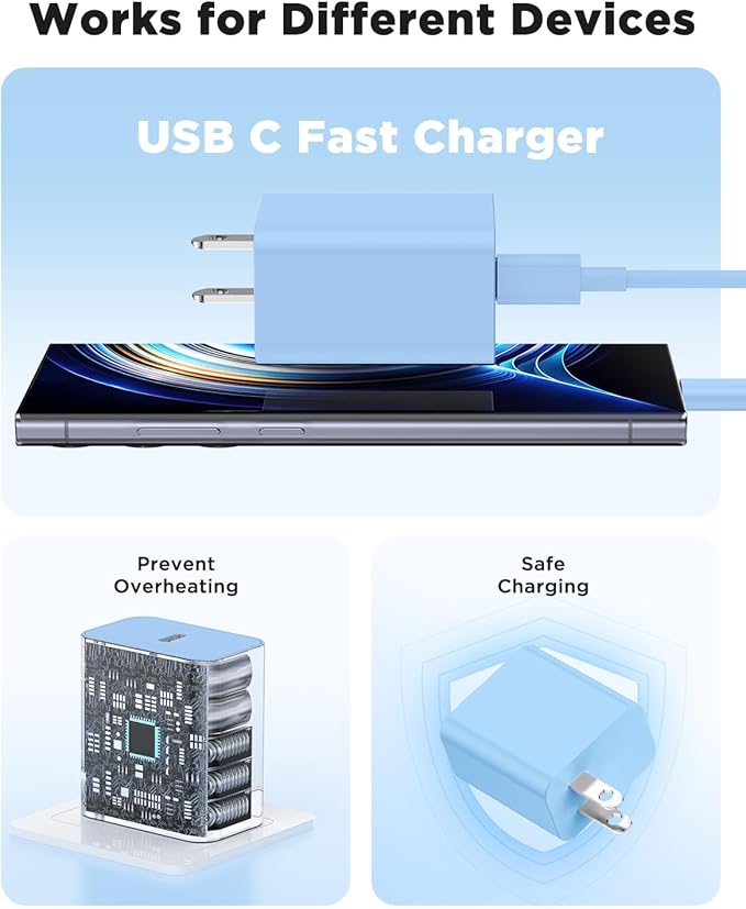 3Pack Super Fast Charger Type C 10FT, USB C Android Phone Charger Fast Charging Block with Ertra Long Type-C Charger Cord for Samsung Galaxy S25/S25 Ultra/S25+/S24 Ultra/S24/S24+/S23/S22/S21-Blue