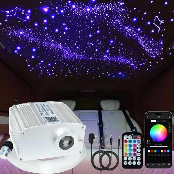 FIREWORK Starlight Headliner Kit, Fiber Optic Lights 10W RGBW Twinkle+Music Sync Effect+APP+Remote, 550pcs 13.1ft/4m 0.03in/0.75mm Fiber Cable for Star Lights for Car/EV & Home Theater Ceiling