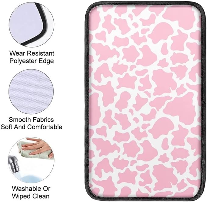 JoyLamoria Pink Cow Print Auto Armrest Box Pad Center Console Armrest Cover Universal Fit Car SUV Sedan