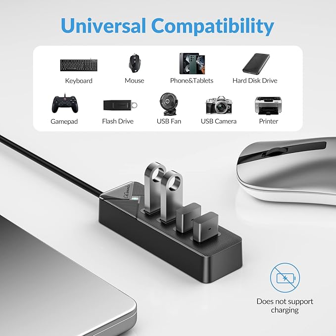 GiGimundo 4-Port USB C Hub for Laptop, USB C to USB Hub Multiport Adapter 5Gbps Transfer, USB C Splitter for Laptop, MacBook Pro/Air, iPad Pro, Dell, Chromebook, Keyboard, Mouse, HDD, Black