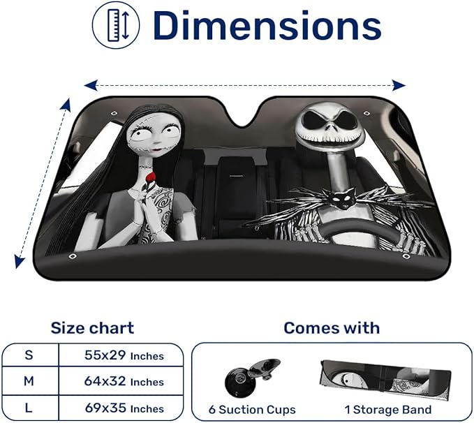 GENANY Nightmare Skellington Couple Horror Windshield Sun Shade for Car SUV Truck (69x35 inches), Sun Shade Windshield, Protector Blocks UV, Christmas Auto Gifts, Halloween Car Decor