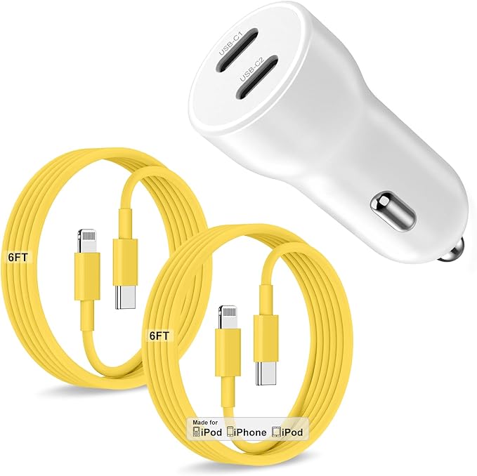iPhone 14 13 Car Charger, Certified 45W Dual Port USB C Rapid Apple Car Adapter with 6ft Type C to Lightning Cable Fast Charging for iPhone 14 Pro/14 Pro Max/14 Plus/13/12/11/X/XS/SE,iPad-Yellow