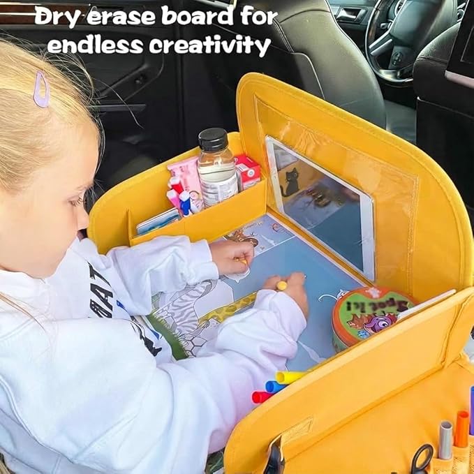 MENZOKE Kids Travel Tray for Toddler Car Seat, Toddler Gift for Boy Activities with iPad Holder Stand & Storage Pockets, Road Trip Essentials Accessories Lap Tray as Travel Gifts for Kid, Yellow