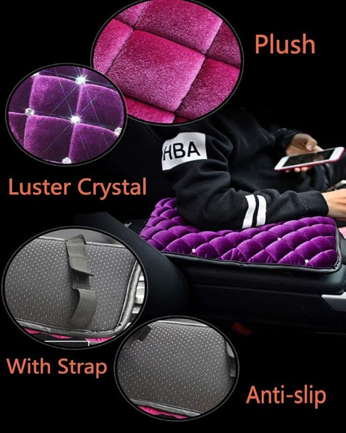 Bling Bling Car Armrest Cover Auto Center Console Protective Cover Luster Crystal Rhinestone Car Arm Rest Cushion Pad Car Interior Accessory (Black 2)