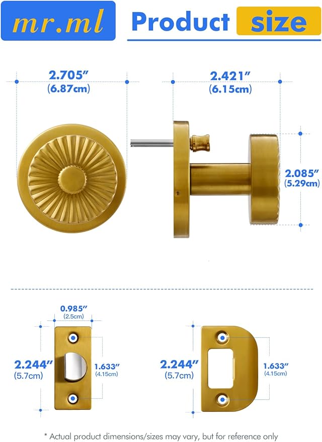 Privacy Door Knob Gold Door Knob, Bedroom Bathroom Vintage Bright Gold Door Handle Interior Brushed Gold DoorKnob, Stainless Steel Knob, 1 Pack