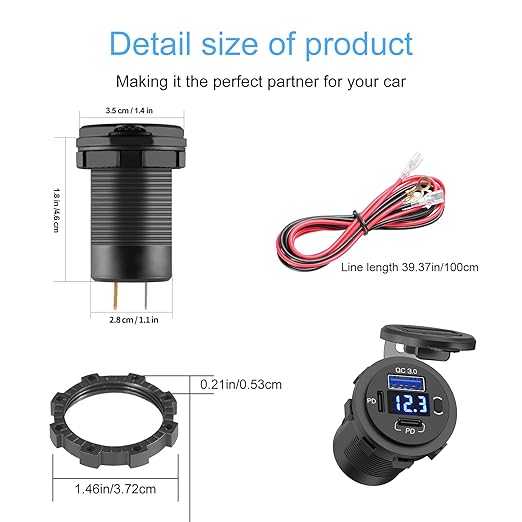 12V USB Outlet, Dual USB C Car Charger Socket & Quick Charge 3.0 Port with Voltmeter and Power Switch for Car Boat Marine Truck 2 Pack