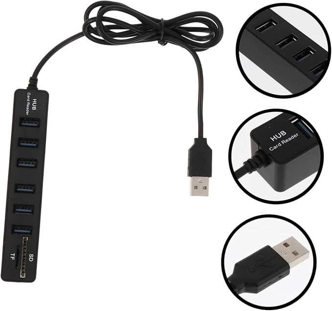 Angoily 6-Port USB Hub Card Reader Multi-Port USB Splitter for Laptops and Desktops 1m Extension Cable Compact and Portable Design