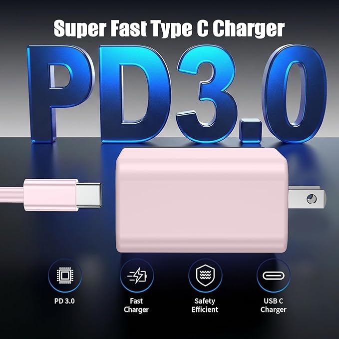 3Pack USB C Charger for Samsung Galaxy S24 Ultra, Super Quite Fast Charging Type C Block with 6FT C to C Cord for Samsung Galaxy Tab S9 S8 S23 Ultra S22 Ultra S23 S22 S21 Note 10 Plus 20,Pink