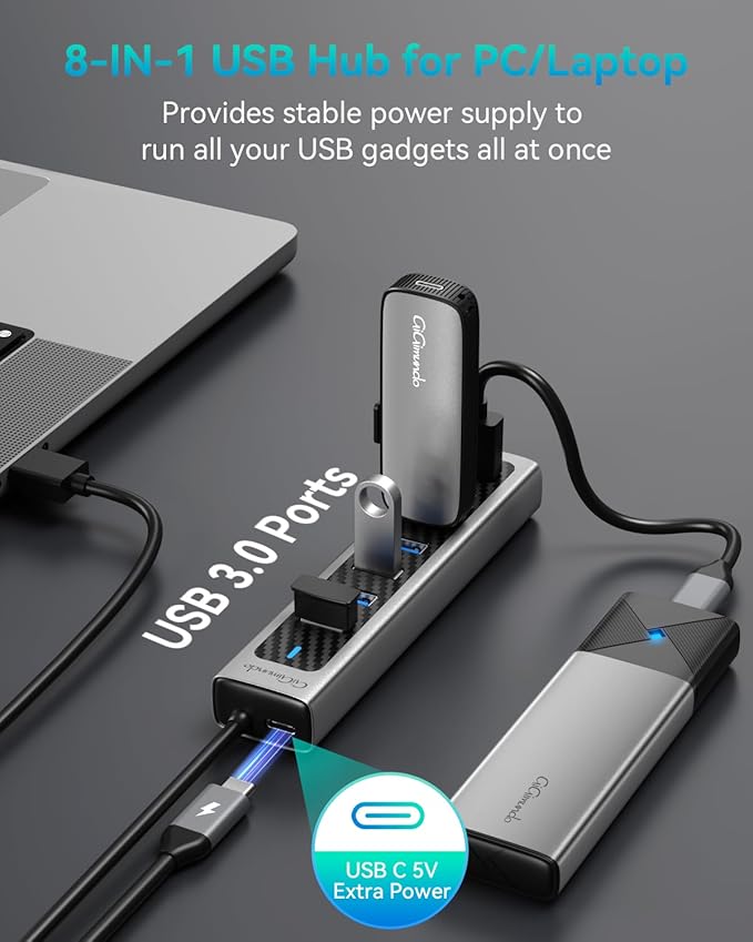 GiGimundo USB Hub 3.0, 8-Port USB Hub Long Cable 6 FT with 7-USB3.0 Data Ports and TypeC 5V/3A Power Port, Aluminum 5Gbps USB Splitter for PC, Laptop, Desktop, Computer, PS5, XPS(Gray,1.8M)