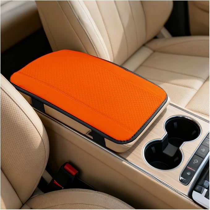 Car Center Console Cover, PU Leather Vehicle Armrest Seat Box Cover Protector, Comfortable Automotive Interior Arm Rest Cushion Pad Accessories, Universal for SUV Sedan Truck (Orange)