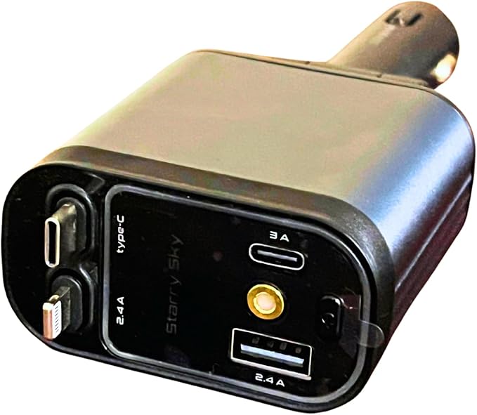 Retractable Car Charger 4 in 1 Fast Car Phone Charger | RGB Starlight | 2 Retractable Cords (Type C + iOS) with Additional 2 Ports | Charge 4 Devices | Compatible with Android & iPhone Models