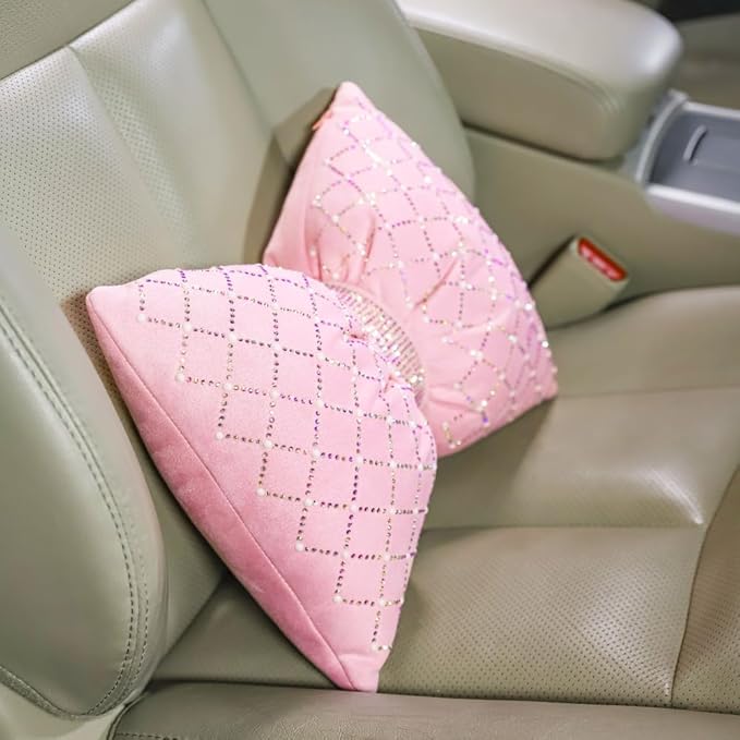 Pink Bow Lumbar Support Pillow for Car Accessory Women Girl Couch Cushion Decorative Back Pillow Bling Rhinestone Pearls 1 Pack