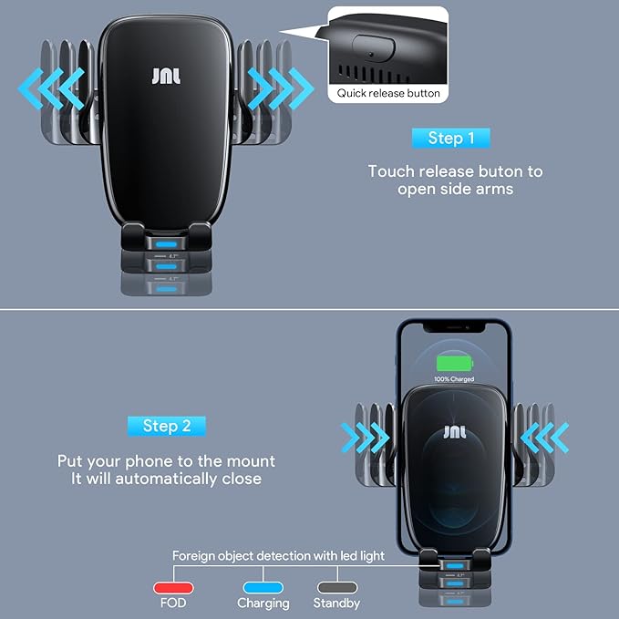 Wireless Car Charger, 15W Qi Fast Charging Auto-Clamping Car Phone Mount Charger Air Vent Phone Holder for iPhone 14/13/12 mini/12 Pro Max/11 Pro Max/Xs MAX/XR/8+,Samsung S23/S22/S21/S20 Plus/Note20