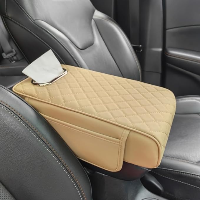Upgraded Multi-Functional Car Center Console Cover, PU Leather Armrest Pad Cushion with Memory Foam Cushion, 2 Storage Pockets, Tissue Box Hole for Sedan Vehicles, 7 Colors (Beige)