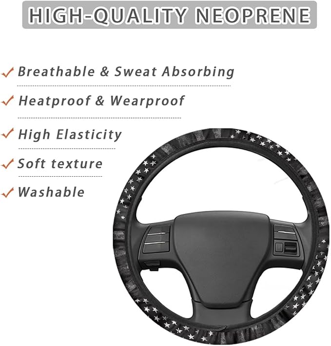 SEANATIVE Black American Flag Print Universal Auto Steering Wheel Protector Car Steering Wheel Cover Anti-Slip 15" Vehicle Accessory All Weather Protection
