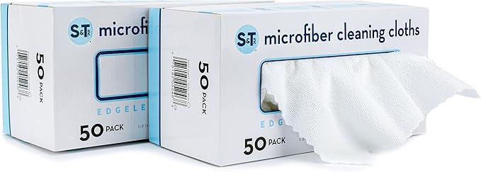 S&T INC. Microfiber Cleaning Cloths with Box, Two 50pk Boxes, Bulk Towels for Home, Reusable Microfiber Towels for Cars, Cleaning Rags, White, 190gsm, 11.8 Inches x 11.8 Inches