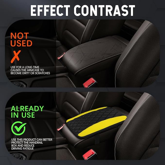 Car Center Console Cushion Pad, Car Armrest Cover, Universal Leather Waterproof Armrest Seat Box Cover, Car Decor Accessories Comfortable Auto Armrest Cover Protector for Cars (Yellow)