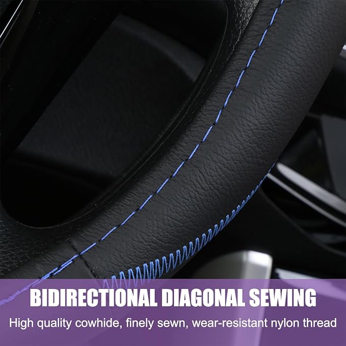 BELOMI Car Steering Wheel Cover, Anti Slip Leather Breathable Vehicle Protector, Comfortable Grip Automotive Interior Protective Guard Accessories, Universal for SUV, Sedan, Truck (Black/Blue)