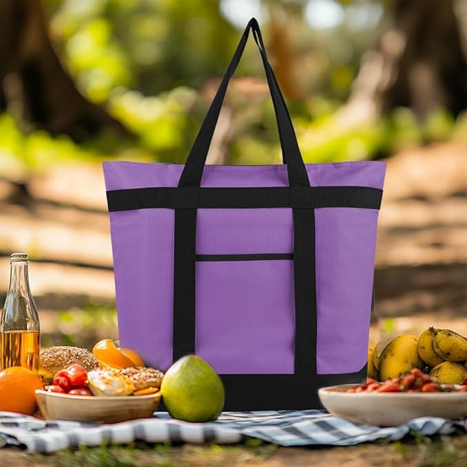 mosago Insulated Grocery Tote Bags, Large Reusable Cooler Bags with Zipper, Leakproof Thermal Shopping Bags for Food Delivery, Beach, Travel, Uber Eats & Picnic, Collapsible Personalized, Purple