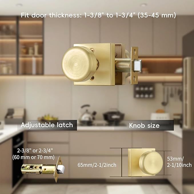 Brushed Gold Door Knobs Interior, Pismo Doorknobs with Square Rosette for Hall
