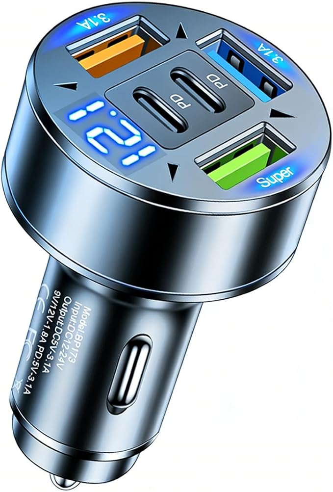 5 in 1 Multi Port USB C Car Phone Charger Adapter with Voltage, 100W Super Fast Charging Car Cigarette Lighter USB Charger for iPhone 16 15 14 13 12 11 Samsung Galaxy, iPad Pro and More