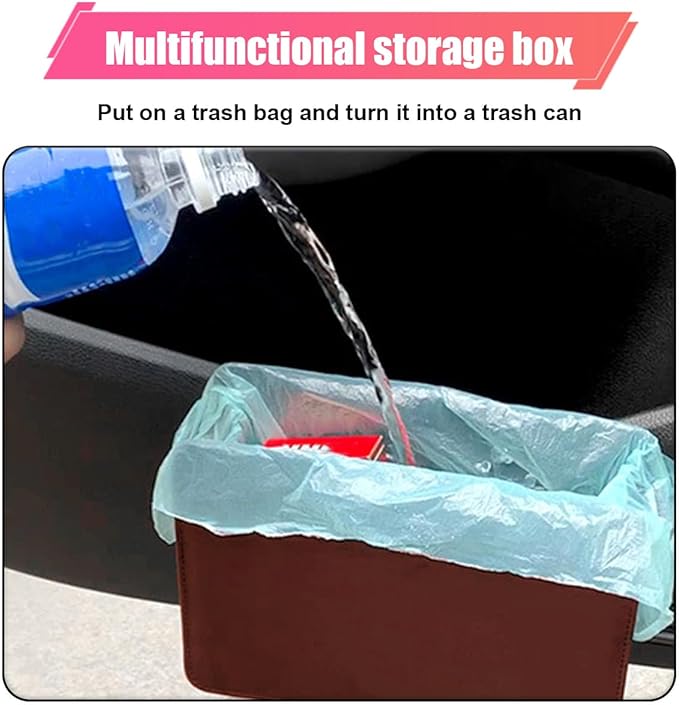 Car Trash Can, Leather Car Garbage Can with One Roll Trash Bag, Foldable Hanging Storage Container, Mini Trash Bin, Vehicle Garbage Organizer Holder for Door Side, Back Seat (Saddle Brown)