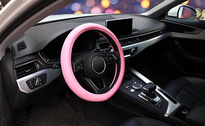 ZHOL Pink Steering Wheel Cover, Universal 15 inch Microfiber Breathable Ice Silk Anti-Slip Car Wheel Protector, Warm in Winter Cool in Summer