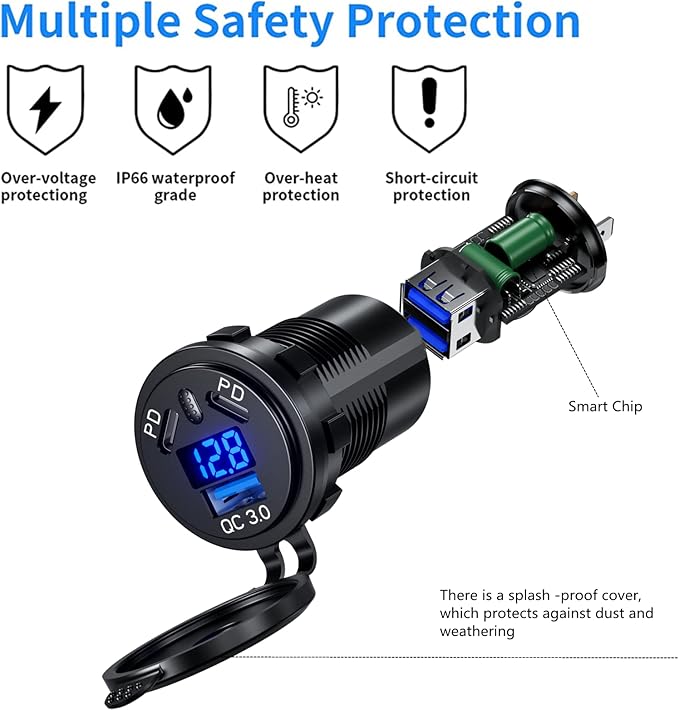 Kewig 12V USB Outlet Car Charge, 108W 3-Port Marine Fast Charger Waterproof Cigarette Outlet USB Replacement with Switch & Voltmeter, Suitable for Boat Golf Cart RV Motorcycle Truck