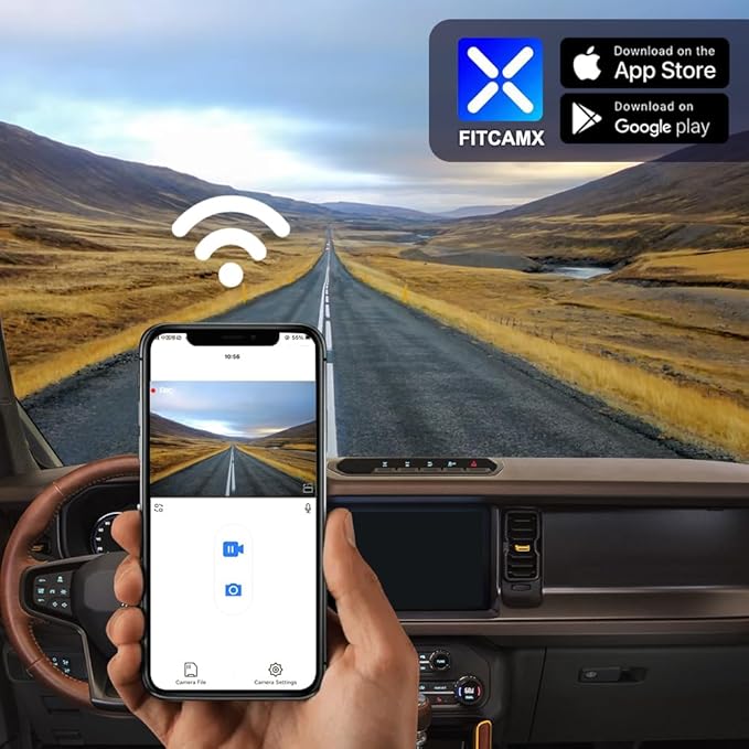 Fitcamx 2160P+Rear 1080P Dash Cam Adapts for Ford Bronco & Rapor 2021-2024 (Not for Bronco Sport) HD2-14873, OEM Look, Dual HD Video, WiFi & APP, Loop Recording, G-Sensor, Easy to Use, 128GB Card