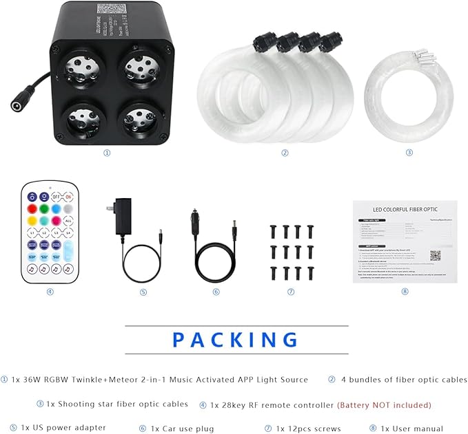 AKEPO 36W 4 Color Twinkle Fiber Optic Starlights Headliner Lights Kit, Optical Fibers Music Sync Bluetooth APP Control Starlight Kit, 600pcs*13.1ft + 240pcs Colorful Shooting Star