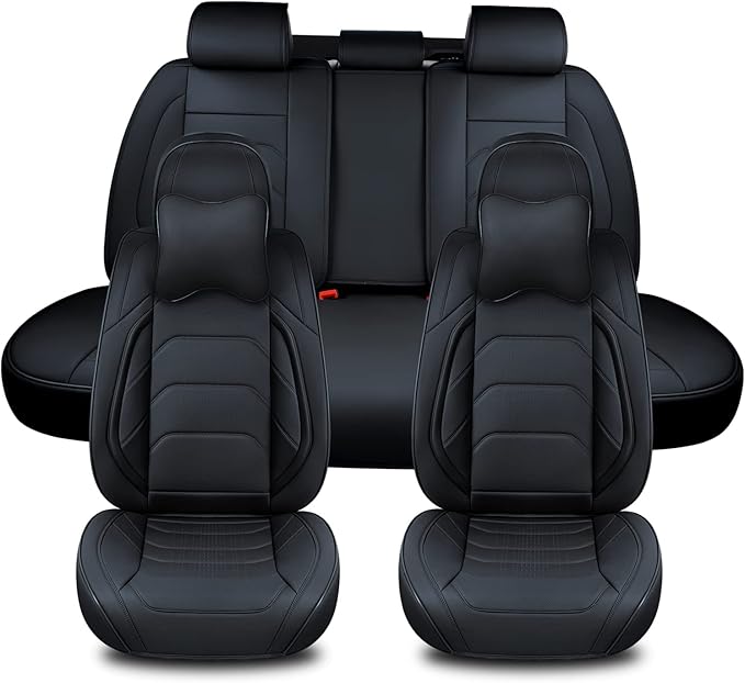 Black Car Seat Covers Full Set, Breathable Leather Automotive Front and Rear Seat Covers & Headrest for Comfortable Driving, Universal Auto Interior Fit for Most Kinds of Vehicles, Cars