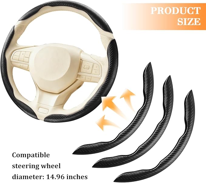 3PCS Carbon Fiber Car Steering Wheel Cover, Leather Segmented Anti-Skid Steering Wheel Protector, Snap on Automotive Interior Protection Accessories, Universal for Vehicles (Black)