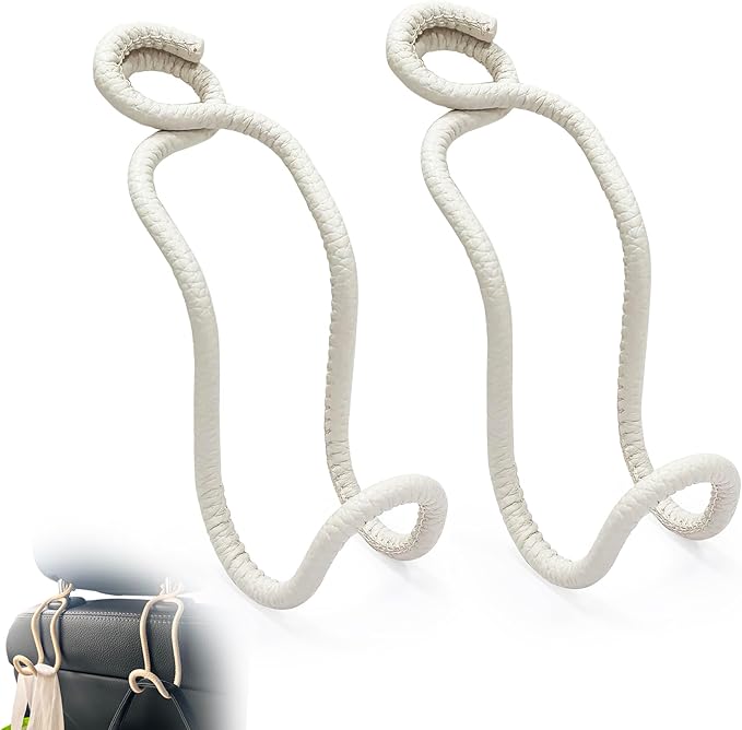 Car Seat Back Organizer Hooks 2 Pack - Space Saving Car Headrest Hangers with Anti-Drop Loop for Women Men, Universal Car Bag Holder for SUV Truck for Front and Back Seat Storage - Beige Leather/2S
