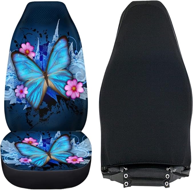 BIGCARJOB Trendy Car Seat Covers Ble Butterfly Print High Back Seat Cover Set of 2 Ultra-Soft Universal Fit