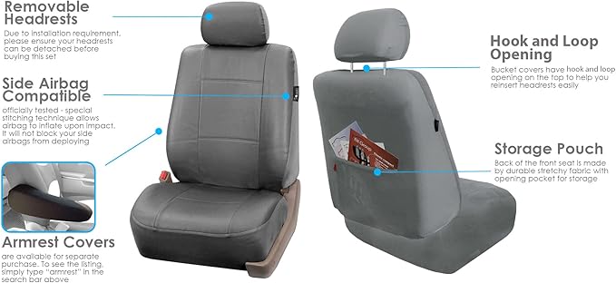 FH Group Classic PU Leather Pair Set Car Seat Covers, Airbag Compatible with Gift - Universal Fit for Cars Trucks & SUVs (Solid Gray) PU002102