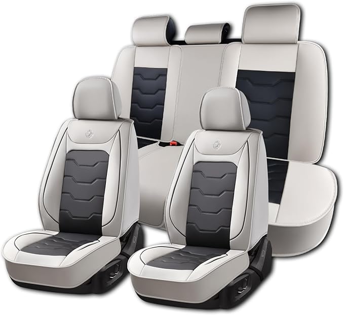 Gray Car Seat Covers Complete Set, Universal Car Seat Covers for Cars, Premium Waterproof Leather, Protect & Upgrade Car Interiors, Airbag Compatible, Easy to Install & Clean Up