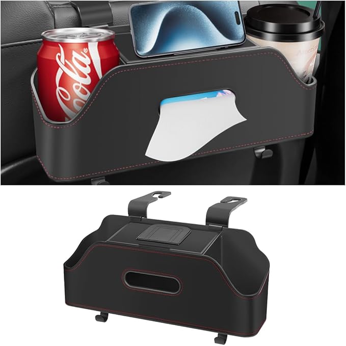 Zipelo Car Headrest Backseat Organizer with Cup Holder, Multi-Functional Vehicle Seat Back Hanging Storage Box with Hooks, Auto Drink Snack Phone Tray Travel Accessories for Kids Adults (Black)