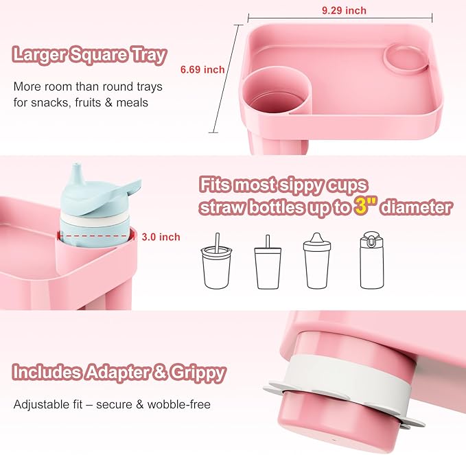 [2 Pack] Car Seat Snack Tray for Toddlers - 3 Inch Cup Holder Fits Most Sippy Cups & Straw Bottles with Dip Well, Mess-Free Square Kids Travel Tray Road Trip Essentials, Pink, 2